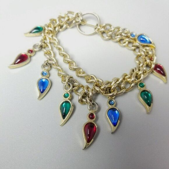 Vintage Jewel Tone Rhinestone Charm Bracelet, Two Strand Gold Tone Toggle Clasp - Picture 1 of 6